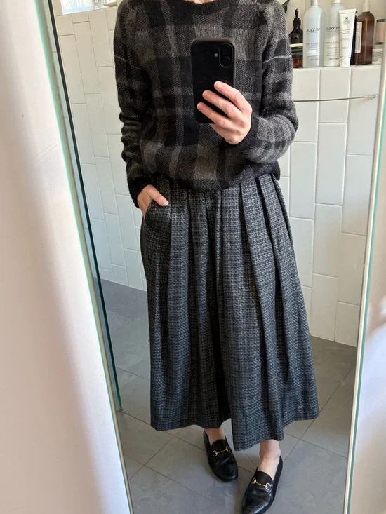 Vintage Grey Plaid Woven Wool-blend Full Midi Skirt - Picture 2 of 6